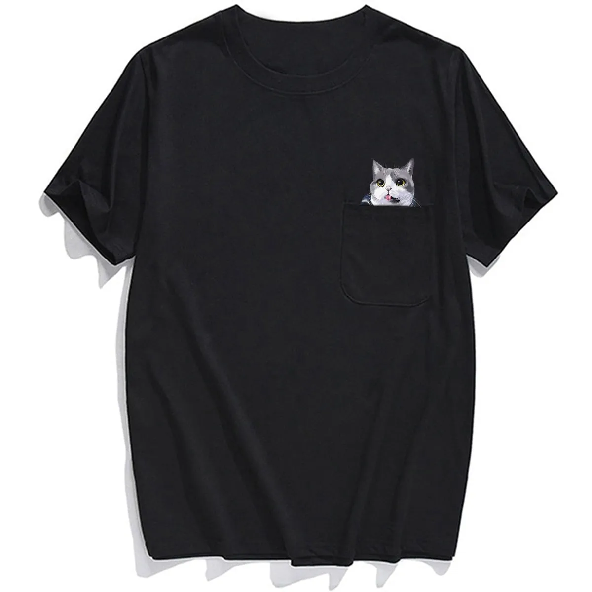 Animal T-Shirt Pocket Cat Stickers Printed T-shirt Tops Funny Cotton Tees