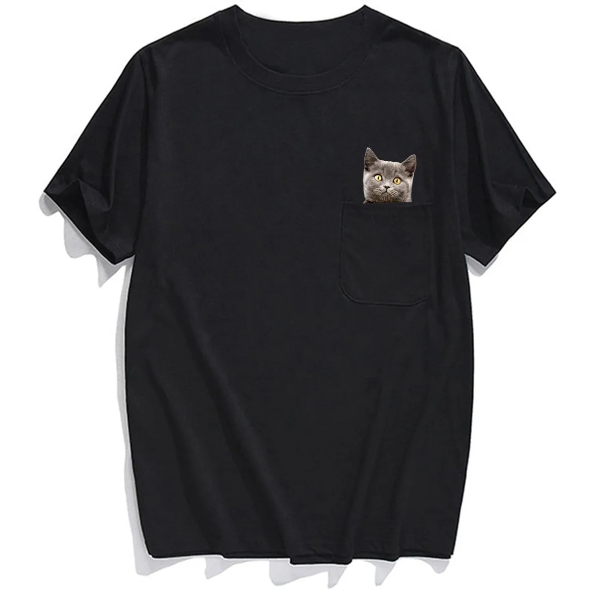 Animal T-Shirt Pocket Cat Stickers Printed T-shirt Tops Funny Cotton Tees