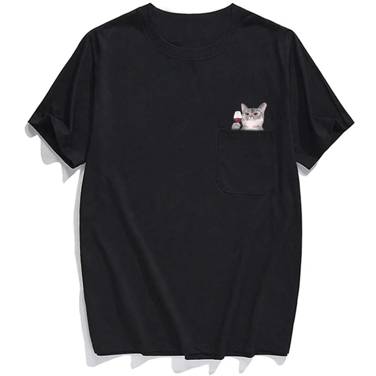 Animal T-Shirt Pocket Cat Stickers Printed T-shirt Tops Funny Cotton Tees
