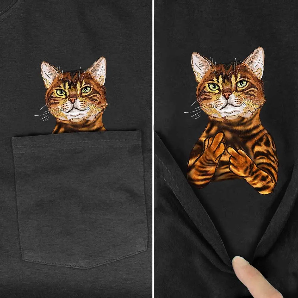 Animal T-Shirt Pocket Cat Stickers Printed T-shirt Tops Funny Cotton Tees