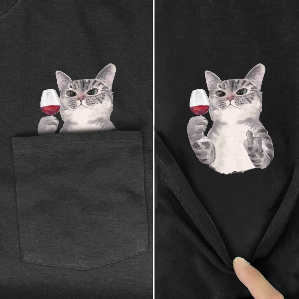 Animal T-Shirt Pocket Cat Stickers Printed T-shirt Tops Funny Cotton Tees