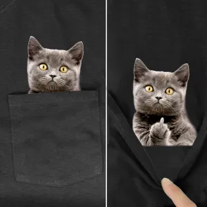 Animal T-Shirt Pocket Cat Stickers Printed T-shirt Tops Funny Cotton Tees