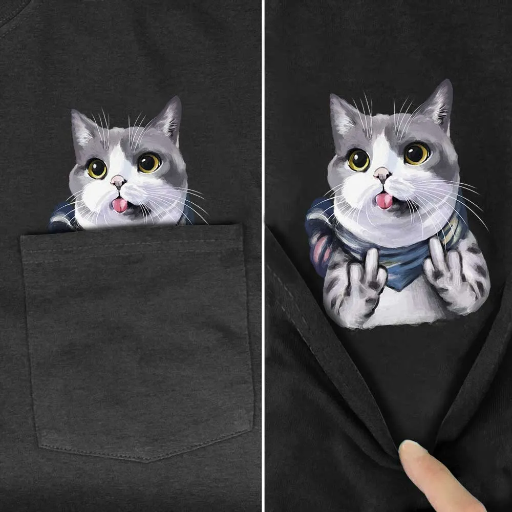 Animal T-Shirt Pocket Cat Stickers Printed T-shirt Tops Funny Cotton Tees