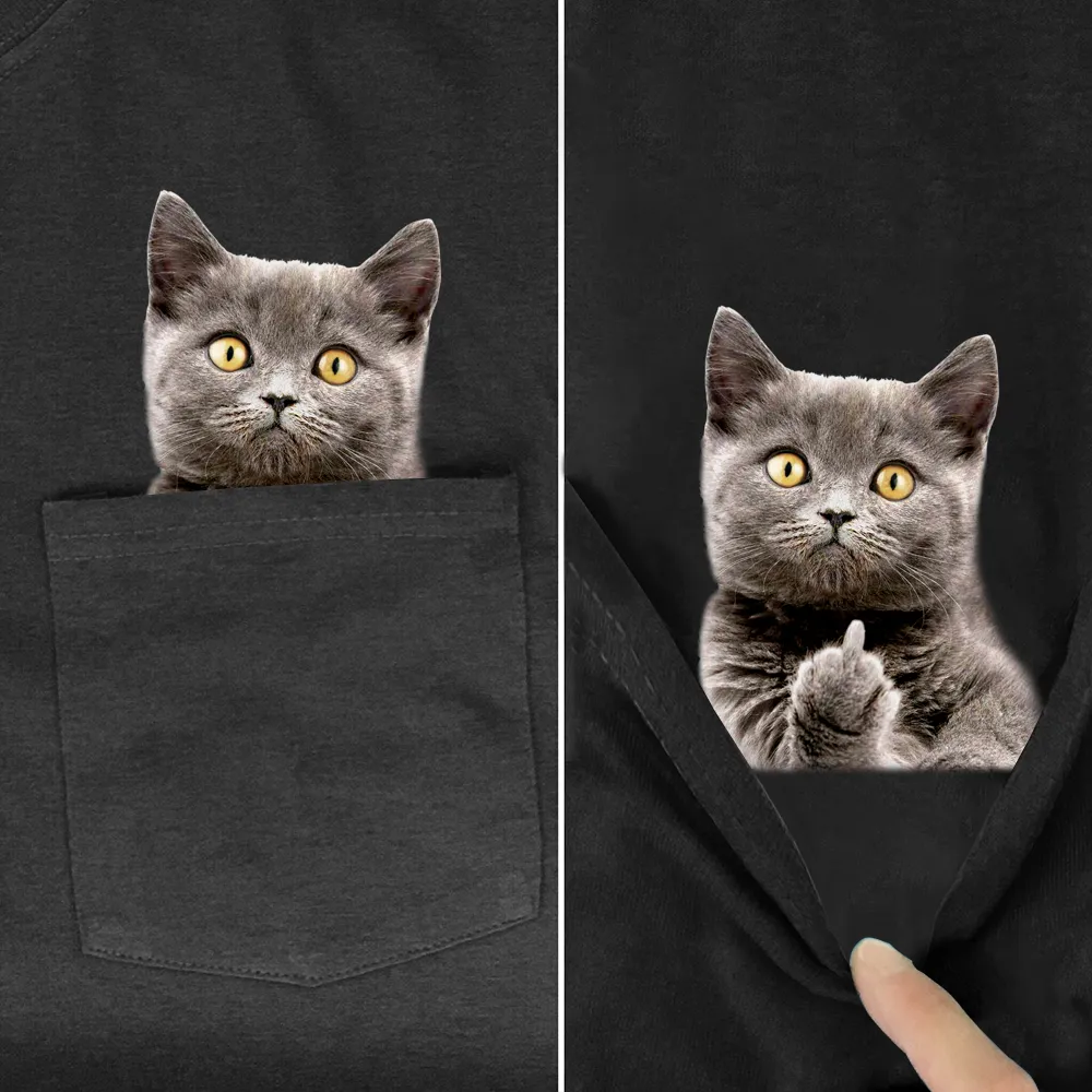 Animal T-Shirt Pocket Cat Stickers Printed T-shirt Tops Funny Cotton Tees