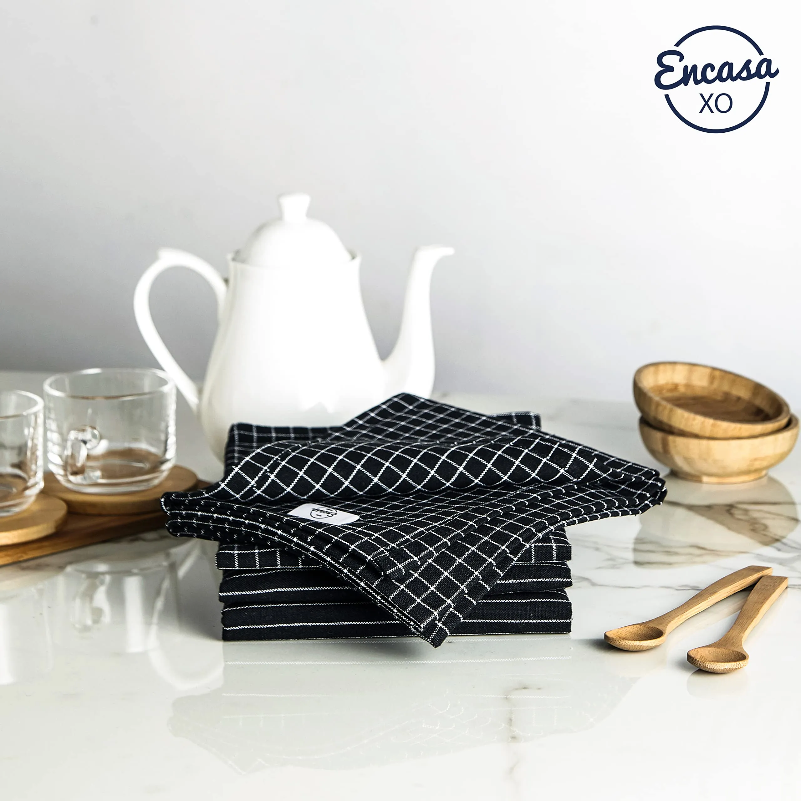 Encasa Homes Kitchen Dish Towels Made with Eco-friendly Cotton | Highly Absorbent for Cleaning & Quick Drying of Plates & Glasses | X-large, 18" x 28" | Butcher Black (Set of 4 pieces)