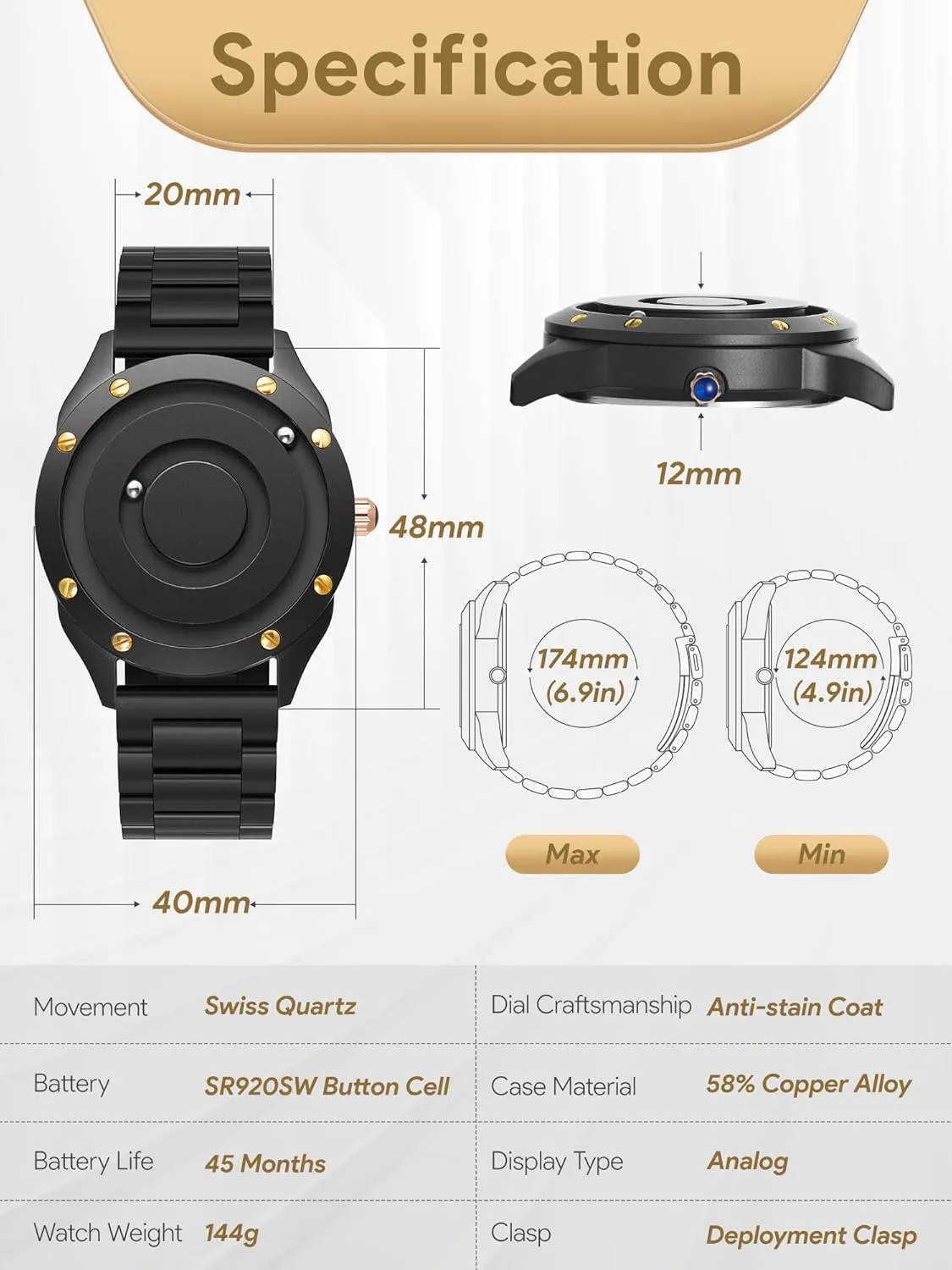 EUTOUR Mens Watches Men Designer Waterproof Analogue Quartz Watch Men Magnetic Watches Stainless Steel Wrist Watch Fashion Large Date Watches for Men