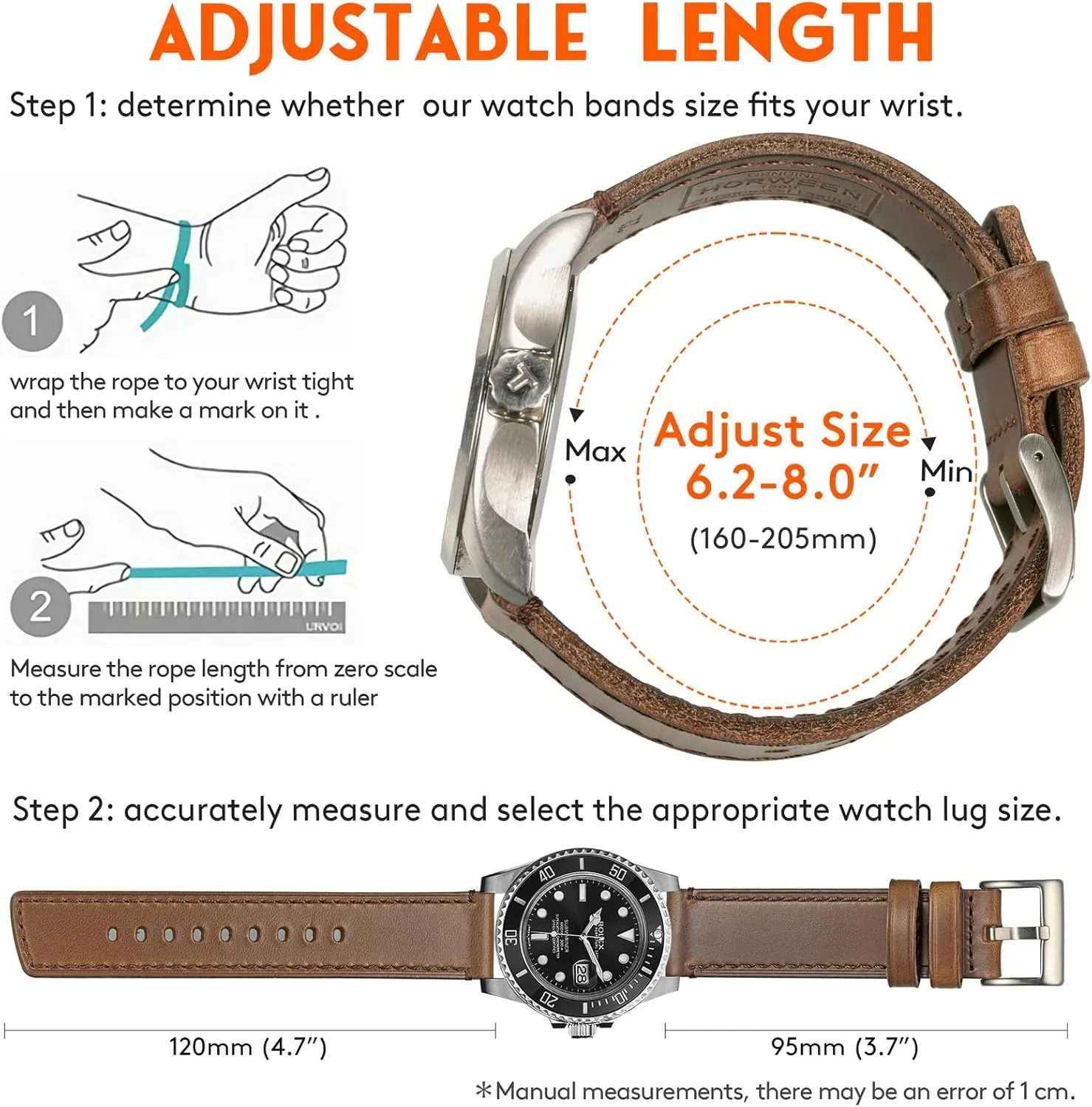 hemsut h Leather Watch Bands for Men, Horween Quick Release Leather Watch Strap Vintage Watch Replacement Wrap of 18mm, 20mm, 22mm