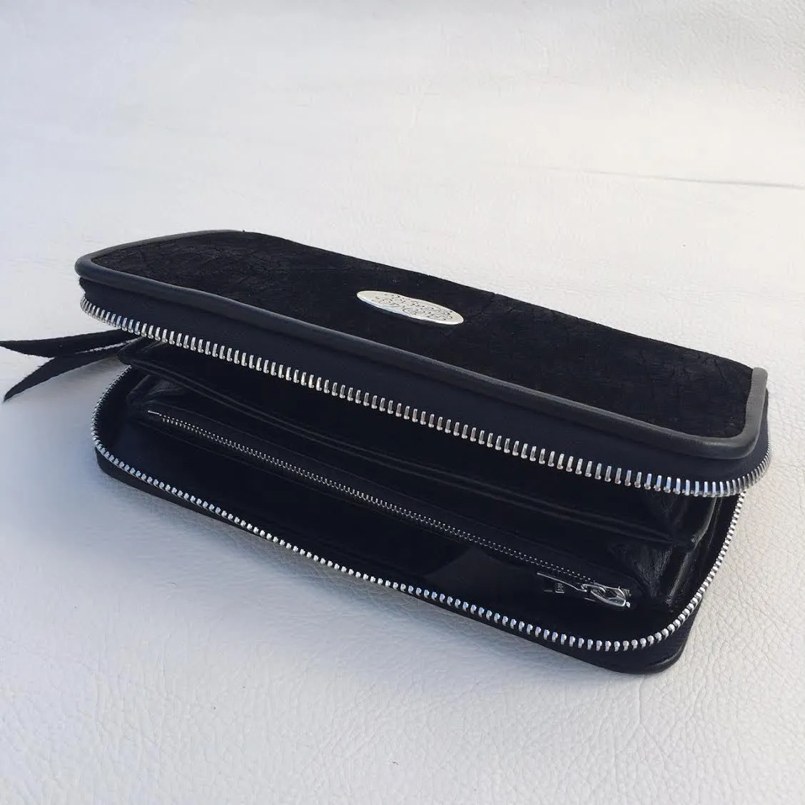 Large Zipper Wallet in Dark Black Hippo Leather