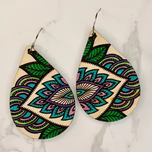 Purple and Green Mandala Teardrop Wood Hand Painted Earrings