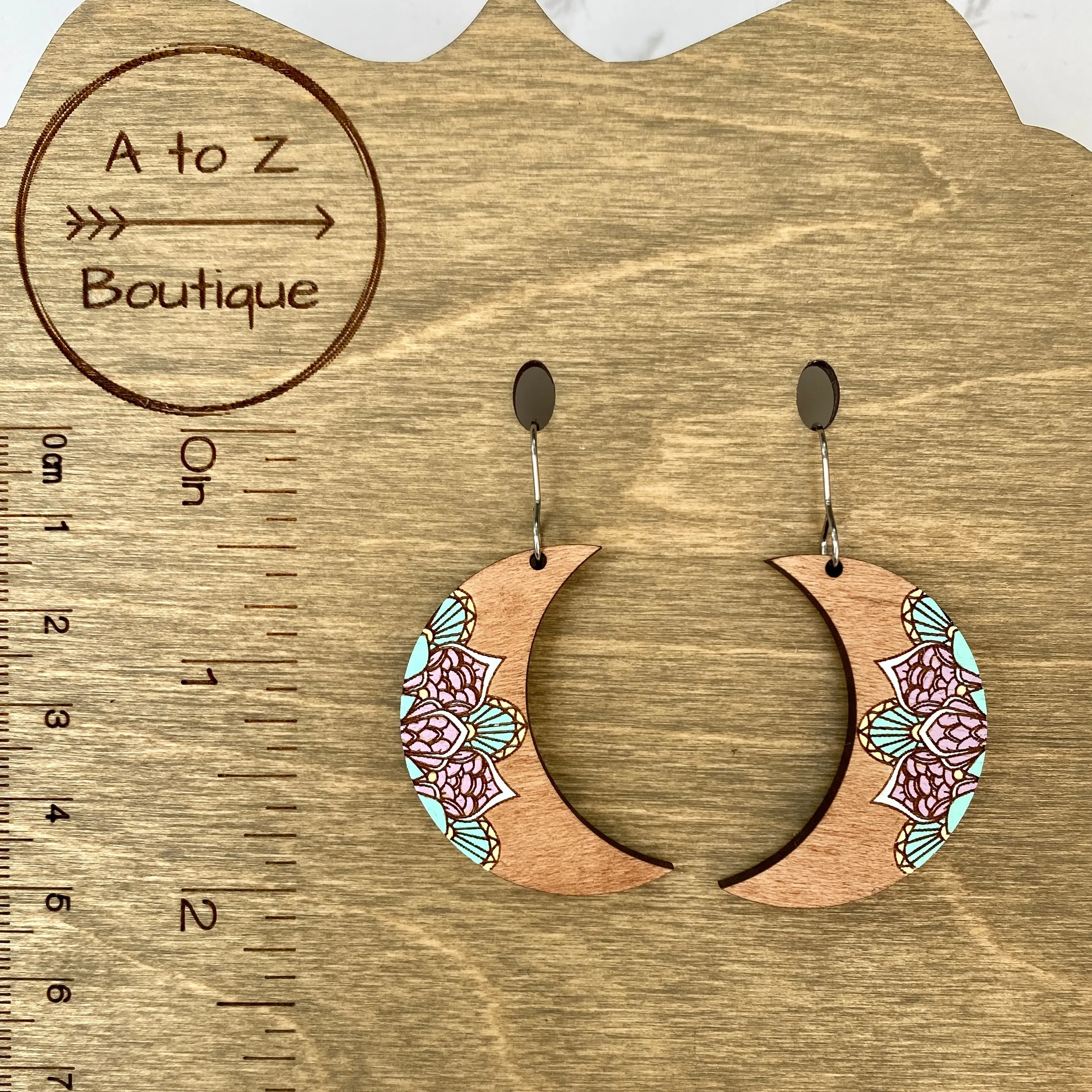 Purple and Mint Moon Hand Painted Earrings