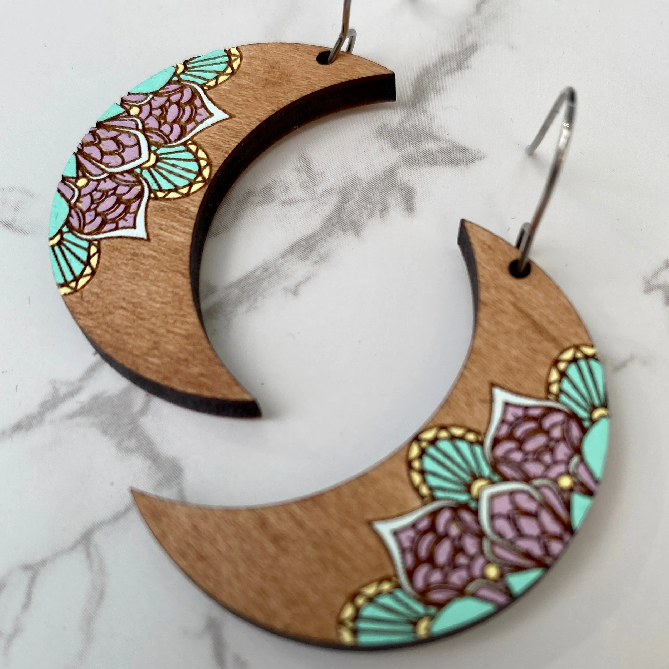 Purple and Mint Moon Hand Painted Earrings