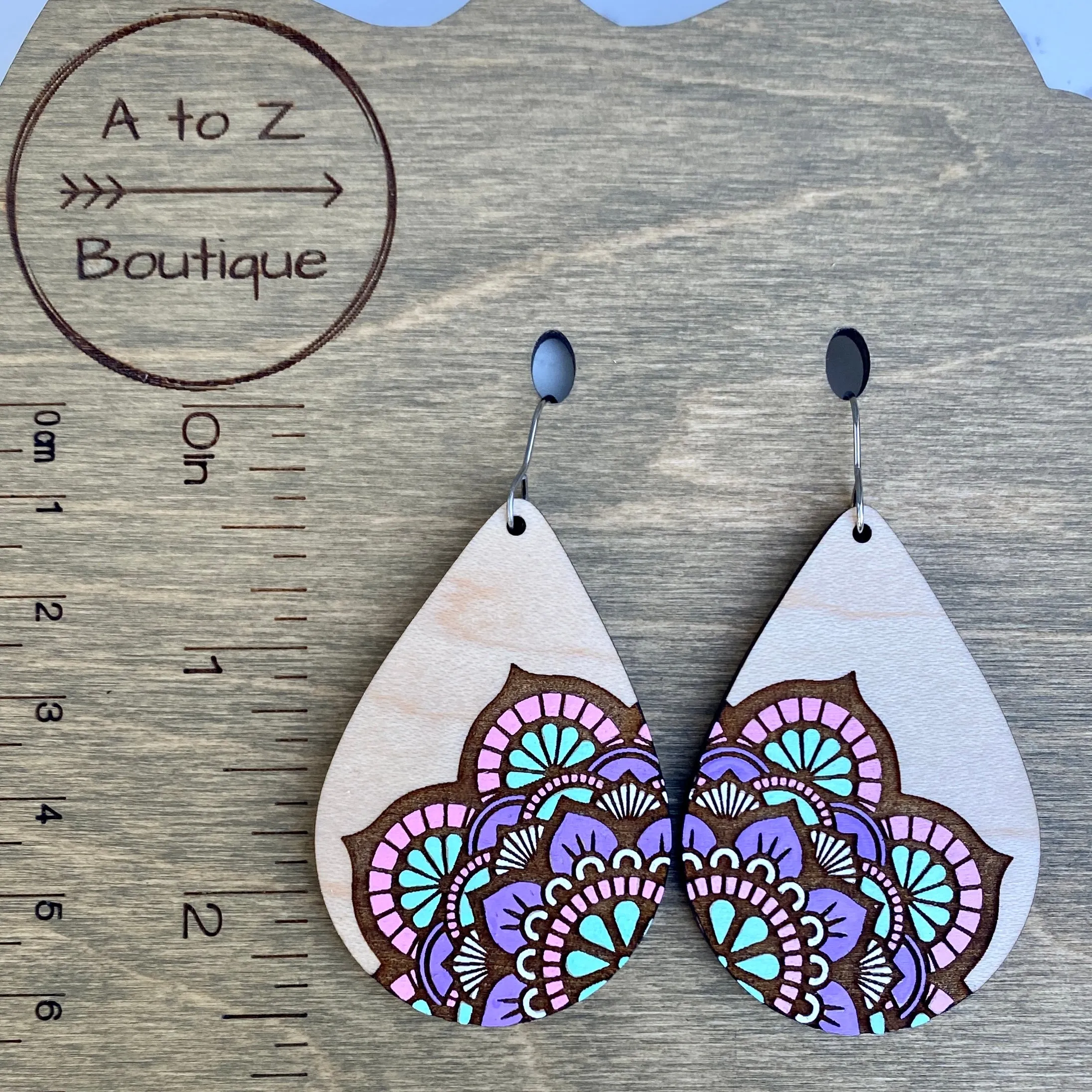 Purple Pink Mint Mandala Hand Painted Earrings