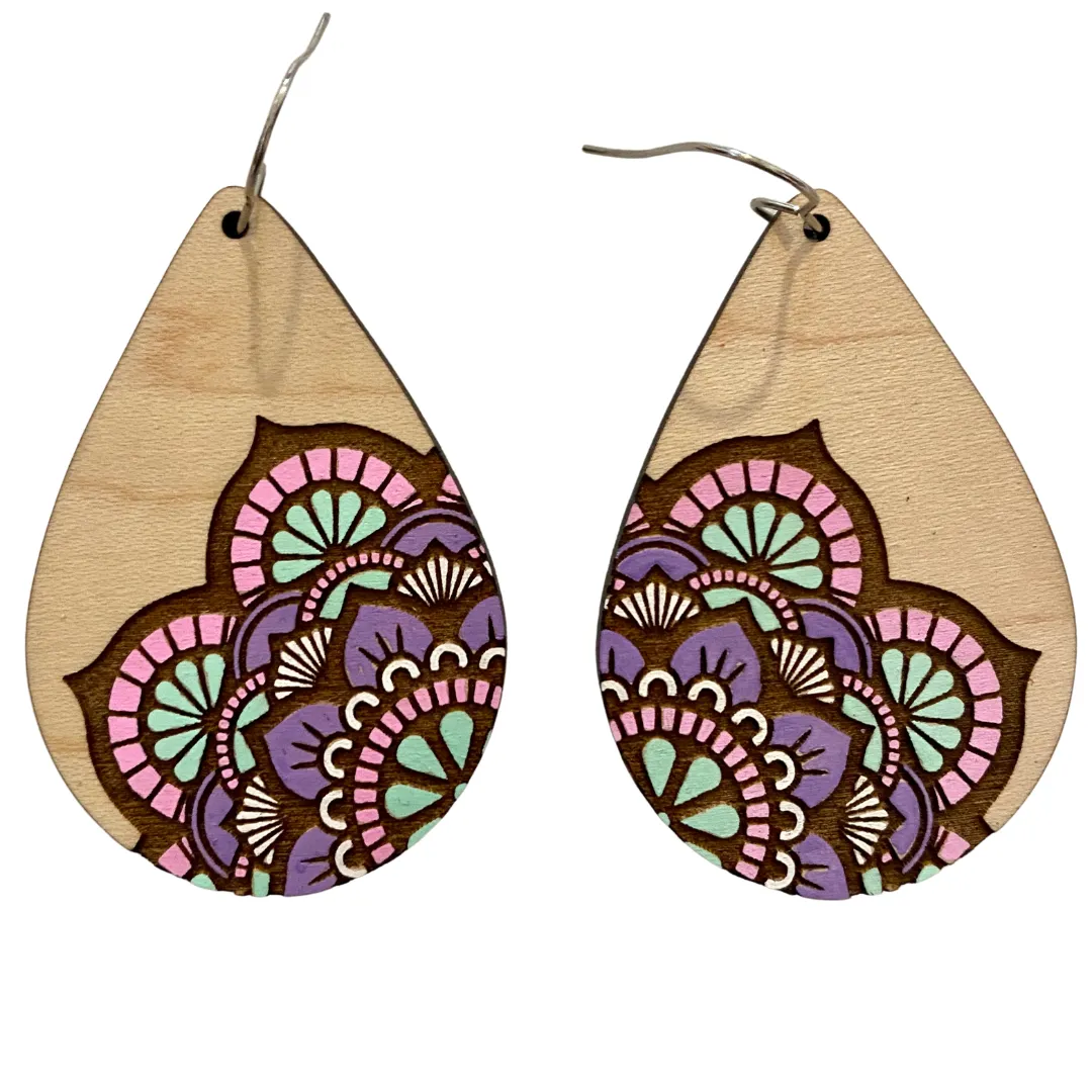Purple Pink Mint Mandala Hand Painted Earrings