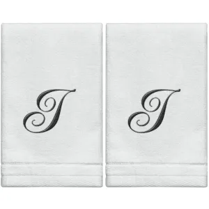 Set of 2 White Monogrammed Towel - Black Embroidered - Initial  I