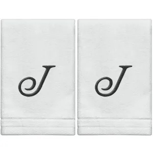 Set of 2 White Monogrammed Towel - Black Embroidered - Initial  J
