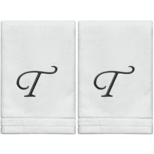 Set of 2 White Monogrammed Towel - Black Embroidered - Initial  T (Wholesale)
