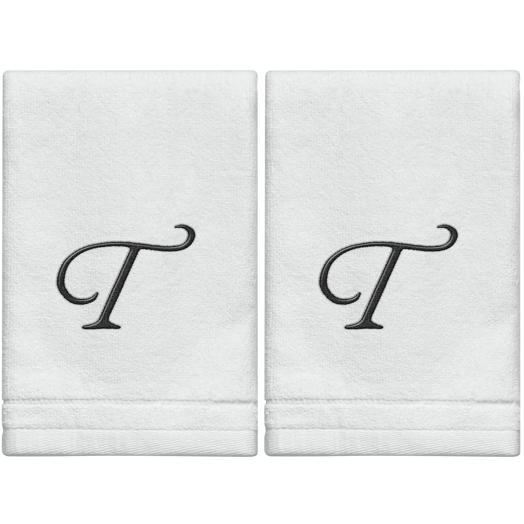 Set of 2 White Monogrammed Towel - Black Embroidered - Initial  T (Wholesale)
