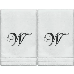 Set of 2 White Monogrammed Towel - Black Embroidered - Initial  W