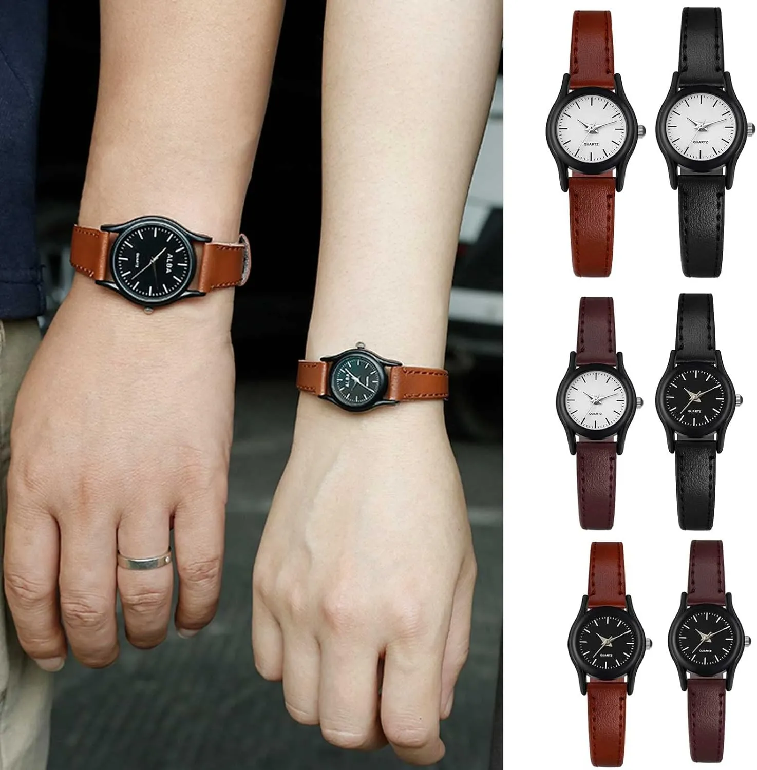 Unisex Lovers Fashion Business Design Hand Watch Leather Watch Vintage Small Face Round Watches for Women Men