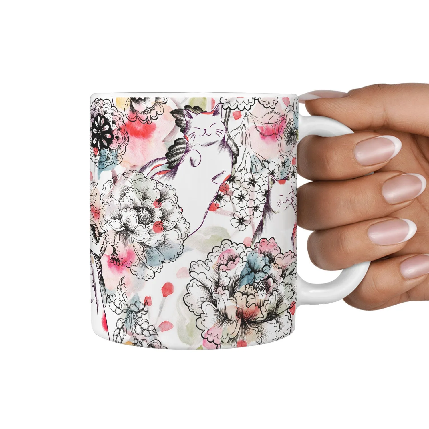 White Flower Cats Mug