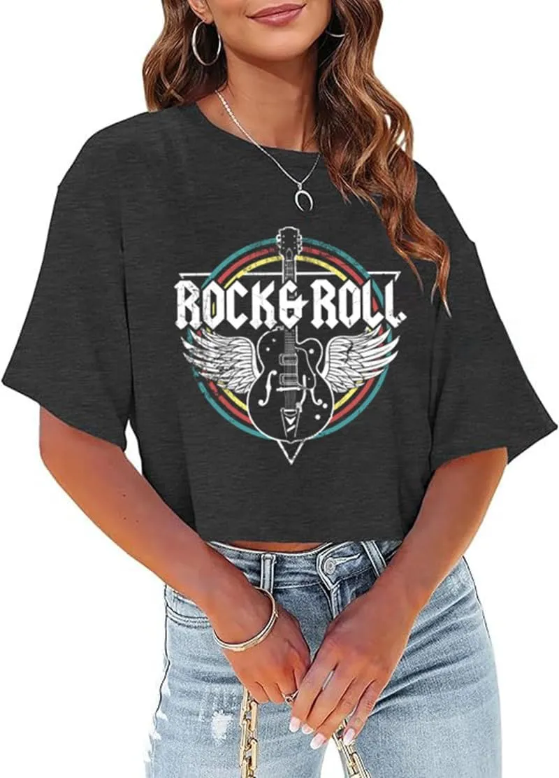 Women's Summer Cropped T Shirts Funny Rock and Roll Country Music Graphic Print tees Short Sleeve Casual Crop Tops